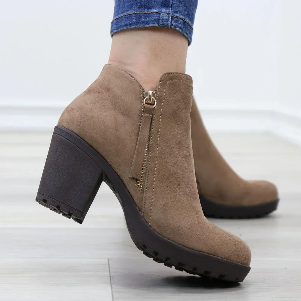 Taupe Suede Lug Chunky Heel Ankle Boots - Picture 5 of 12